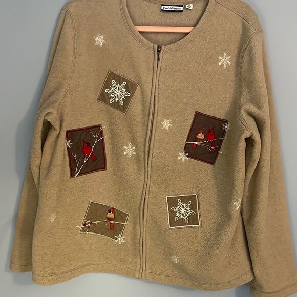 XL Christmas Fleece cardigan Sweater with Cardinals and Snowflakes. Full Zip - Picture 1 of 6